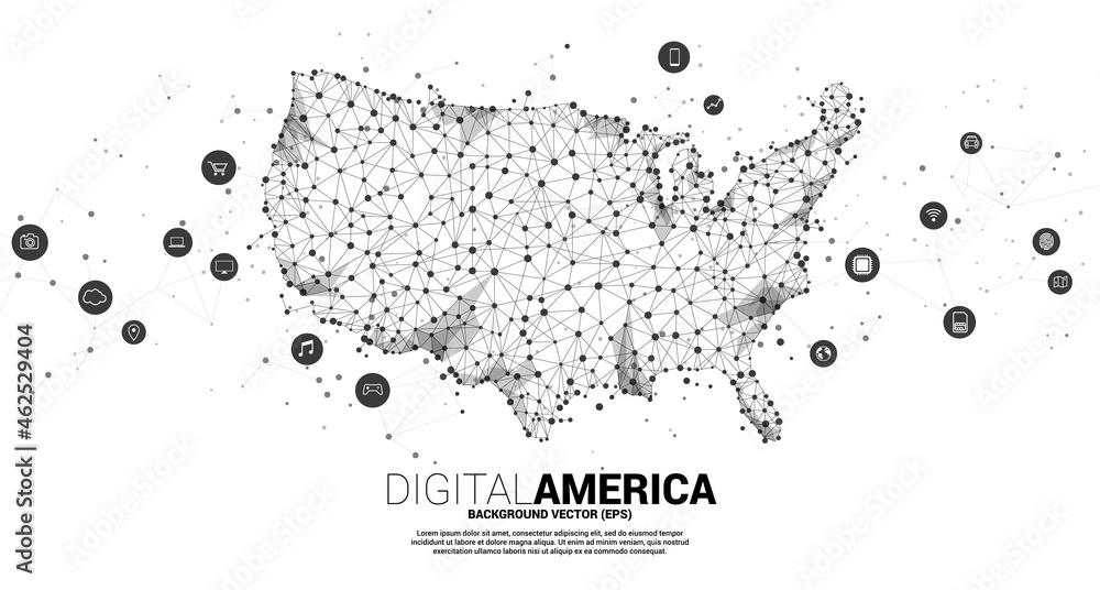 Vector United States map from Polygon dot connect line with digital lifestyle icon. Concept for America digital network connection. Vector United States map from Polygon dot connect line with digital lifestyle icon. Concept for America digital network connection.