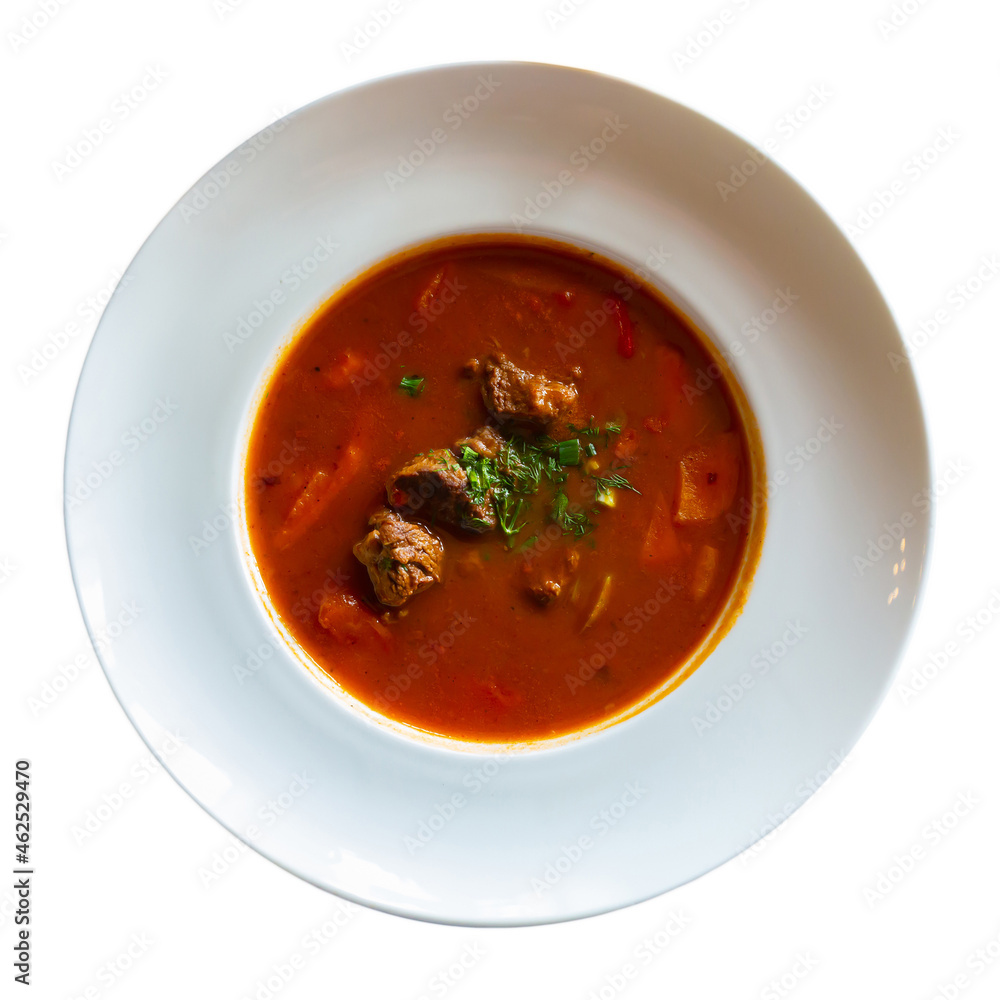 Traditional Russian delicious dish is a meat soup-goulash, made from potatoes, tomatoes, bell peppers, onions, beef