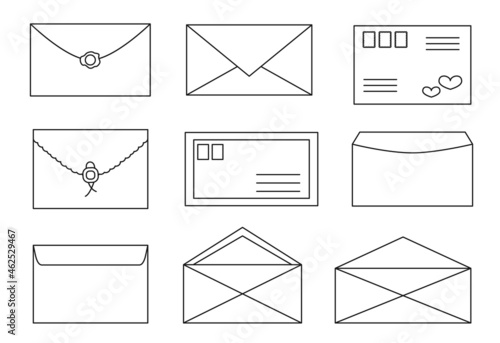 Envelope line outline contour with mail and post card set with post stamps, sealing wax. Letter opening and closing designs collection for website with element. Flat style. Vector illustration