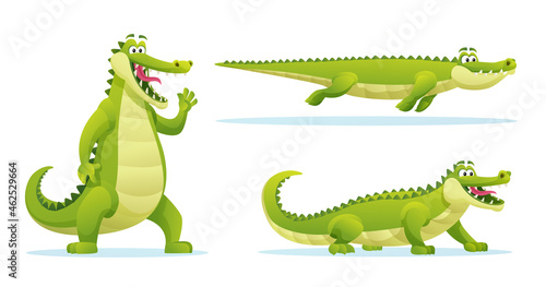 Funny crocodile in various poses cartoon illustration