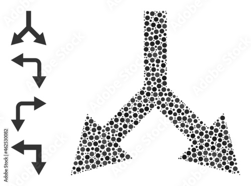 Round dot combination bifurcation arrow down. Vector mosaic is based on bifurcation arrow down icon, and created with scattered round parts.