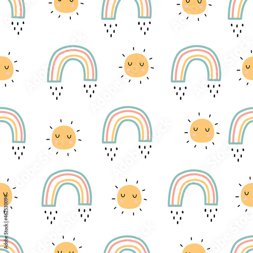 Cartoon pattern seamless vector background rainbow and sun Hand-drawn design in children's style. Use for print, wallpaper, decoration, textiles.