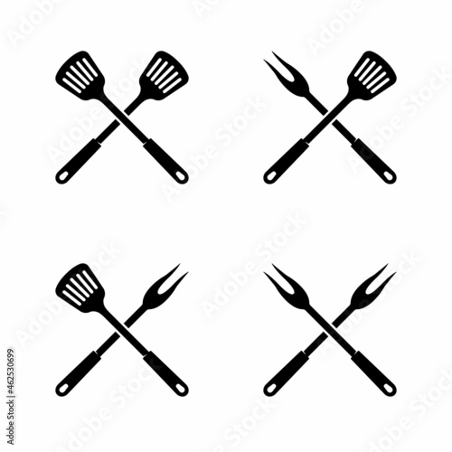Vintage Spatula and Fork Cross sign for BBQ Grill Barbecue Logo Design Vector
