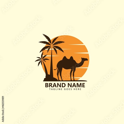 camel with sunset in the desert vector illustration