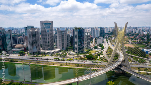 Estaiada's bridge aerial view in Marginal Pinheiros, São Paulo, Brazil. Business center. Financial Center. Famous cable stayed (Ponte Estaiada) bridge photo
