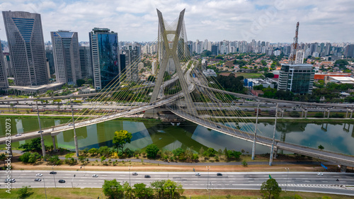 Estaiada's bridge aerial view in Marginal Pinheiros, São Paulo, Brazil. Business center. Financial Center. Famous cable stayed (Ponte Estaiada) bridge photo