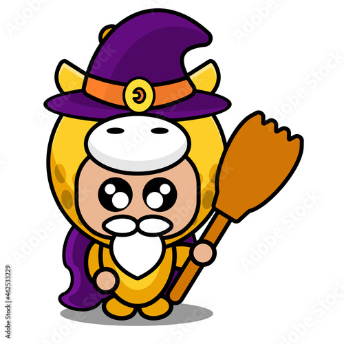 vector cartoon character mascot costume animal cute giraffe witch robe holding broom stick