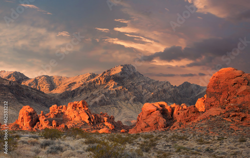 Sunrise Over the Mountains of Valley of Fire State Park, Nevada