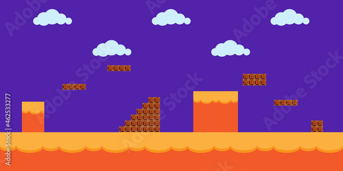 Game city. Computer play. Cartoon style. Retro arcade. Cloud sky. Abstract design. Vector illustration. Stock image.