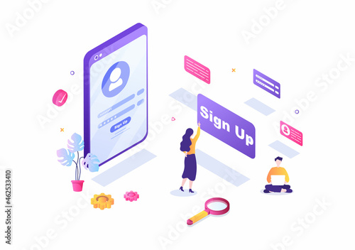 Online Registration or Sign Up Login for Account on Smartphone App. User interface with Secure Password Mobile Application, for UI, Web Banner, Access. Cartoon People Vector Illustration photo