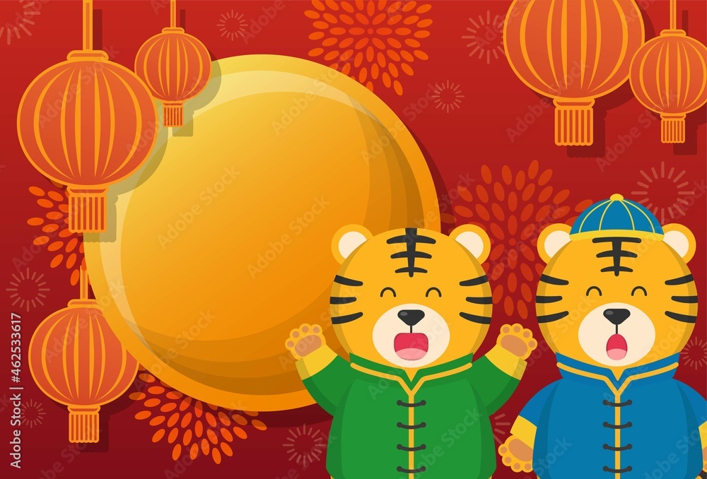 Fototapeta premium Poster for Chinese New Year, Year of the Tiger Comic Cartoon Character Mascot Vector