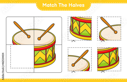 Match the halves. Match halves of Drum. Educational children game, printable worksheet, vector illustration