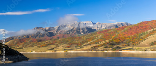 Panoramic view of Mt Timpanogos peak view at Deer creek reservoir in Utah