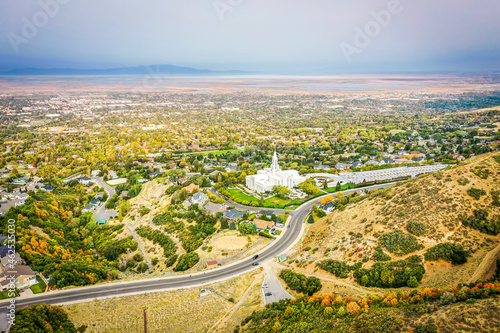 Aerial Overlooking Bountiful, Utah Temple and Valley in the Fall photo