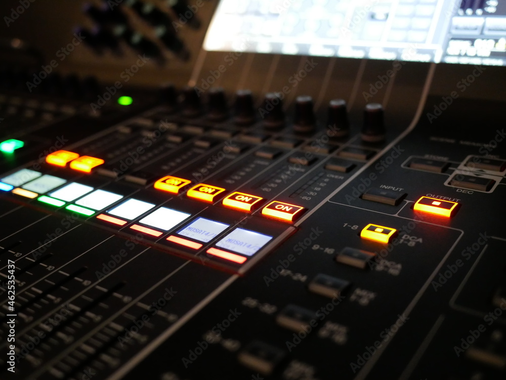 closeup of audio mixer control in studio TV station.	