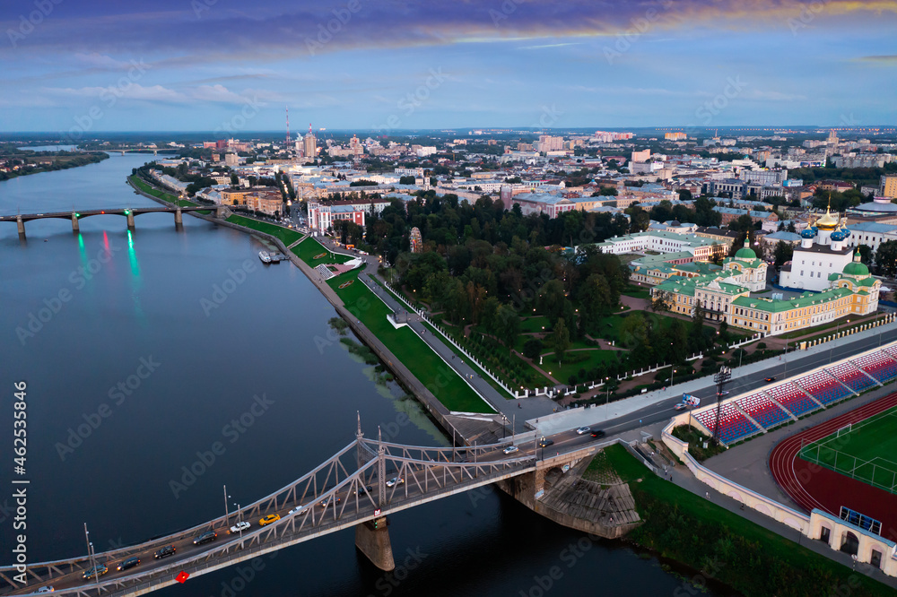 Top view of the bridges over the Volga river in the city of Tver. Russia