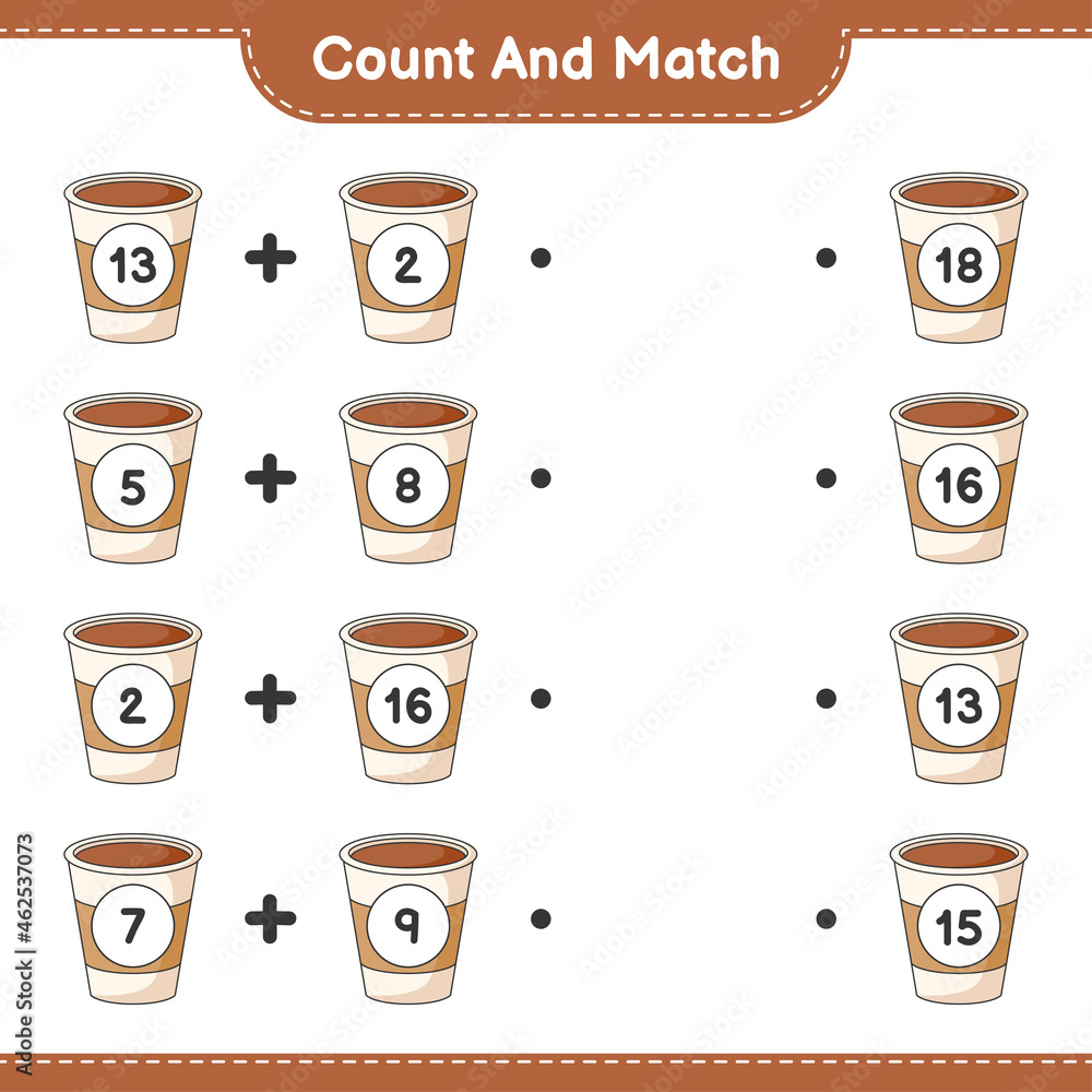 Count and match, count the number of Coffee Cup and match with the right numbers. Educational children game, printable worksheet, vector illustration Count and match, count the number of Coffee Cup and match with the right numbers. Educational children game, printable worksheet, vector illustration