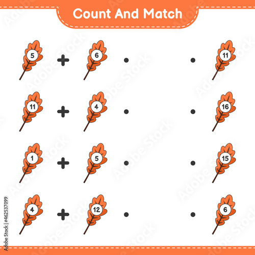 Fototapeta Naklejka Na Ścianę i Meble -  Count and match, count the number of Oak Leaf and match with the right numbers. Educational children game, printable worksheet, vector illustration