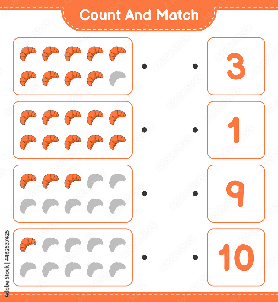 Count and match, count the number of Croissant and match with the right numbers. Educational children game, printable worksheet, vector illustration Count and match, count the number of Croissant and match with the right numbers. Educational children game, printable worksheet, vector illustration