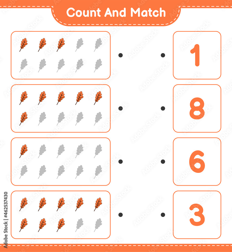 Count and match, count the number of Oak Leaf and match with the right numbers. Educational children game, printable worksheet, vector illustration Count and match, count the number of Oak Leaf and match with the right numbers. Educational children game, printable worksheet, vector illustration