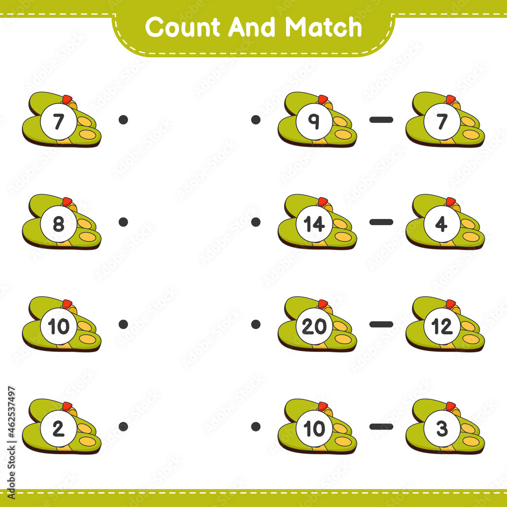 Count and match, count the number of Slippers and match with the right numbers. Educational children game, printable worksheet, vector illustration