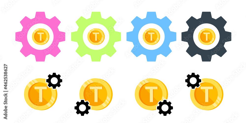 T, letter, coin color vector icon in gear set illustration for ui and ux, website or mobile application