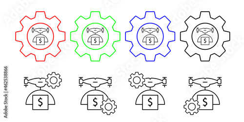 Drone with money field outline vector icon in gear set illustration for ui and ux  website or mobile application