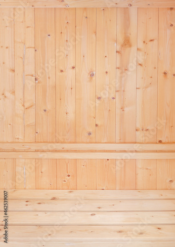 wooden bench floor and wall pine wood in sauna room © prapann