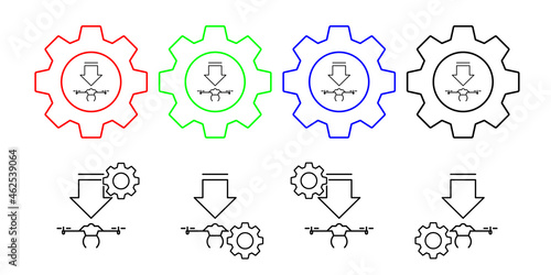 The drone descends field outline vector icon in gear set illustration for ui and ux, website or mobile application