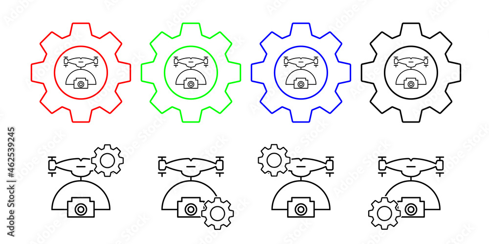 Drone with camera field outline vector icon in gear set illustration for ui and ux, website or mobile application