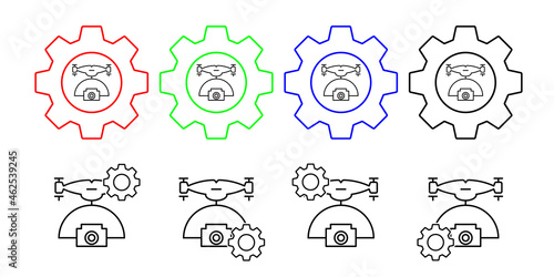 Drone with camera field outline vector icon in gear set illustration for ui and ux, website or mobile application