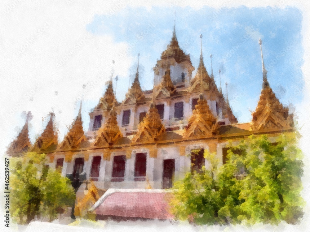 Fototapeta premium Ancient architecture of Thailand watercolor style illustration impressionist painting.