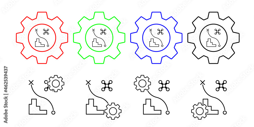 Drone flight path field outline vector icon in gear set illustration for ui and ux, website or mobile application