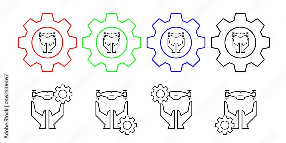 Hands and drone field outline vector icon in gear set illustration for ui and ux, website or mobile application