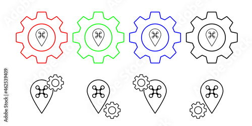 Pin drone field outline vector icon in gear set illustration for ui and ux, website or mobile application