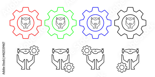 Hands and drone field outline vector icon in gear set illustration for ui and ux, website or mobile application