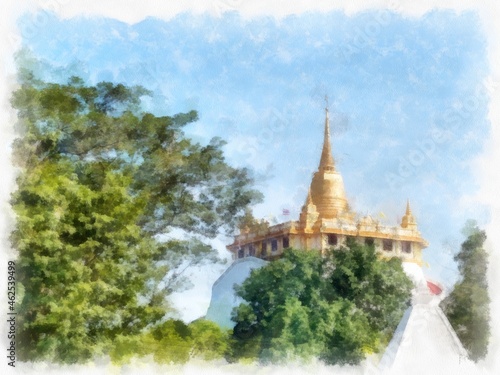 Golden Mountain Bangkok Thailand watercolor style illustration impressionist painting.