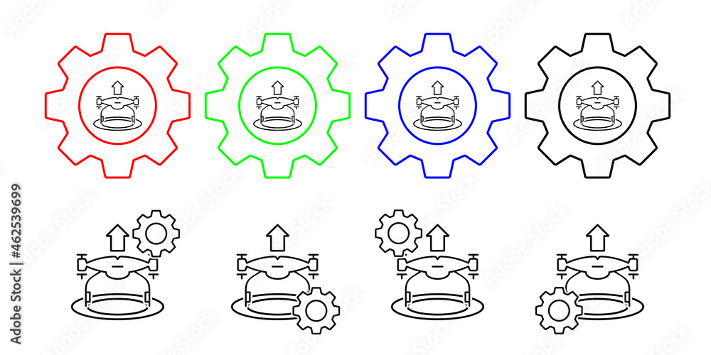 Fototapeta premium Drone rises field outline vector icon in gear set illustration for ui and ux, website or mobile application