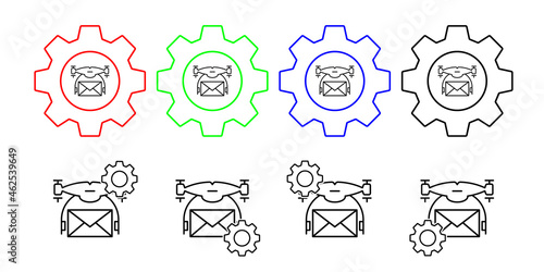 Drone with mail field outline vector icon in gear set illustration for ui and ux, website or mobile application