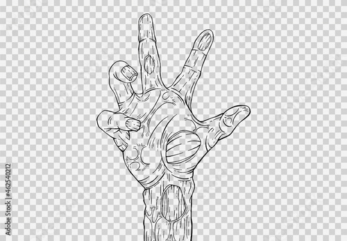 Outline monster or zombie hand holding isolated on png or transparent texture,Halloween party background ,element template for poster,brochures, online advertising,vector illustration