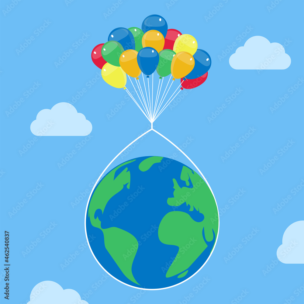 Obraz premium Planet Earth flying with colorful balloons in the sky. Conceptual vector illustration with metaphor and fantasy. 