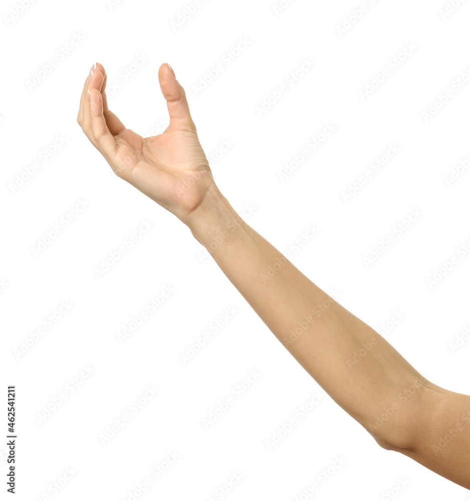 Giving, reaching or holding hand. Woman hand gesturing isolated on white Giving, reaching or holding hand. Woman hand gesturing isolated on white
