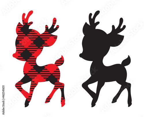 Cute baby Christmas reindeer silhouette with red plaid pattern vector illustration.