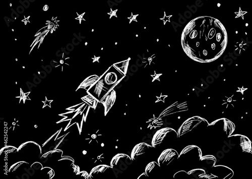 Space, with a rocket flying to the moon in it