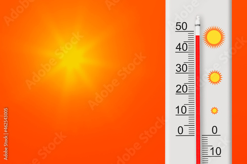 Celsius scale thermometer shows plus 48 degrees . Yellow sun in red sky. Summer heat