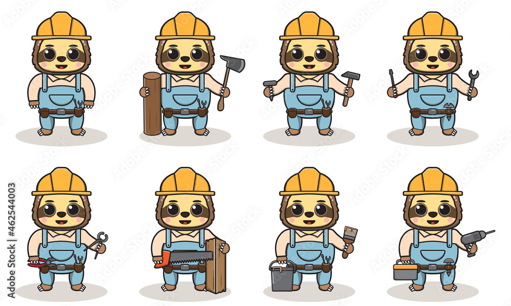 Cute cartoon of Sloth being a handyman. Character animal. Cartoon style Handyman with the tools. Children's illustration. Cute cartoon of Sloth being a handyman. Character animal. Cartoon style Handyman with the tools. Children's illustration.