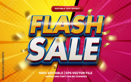 Flash Sale hero cartoon comic 3d editable text effect with gold flying ribbon out of focus