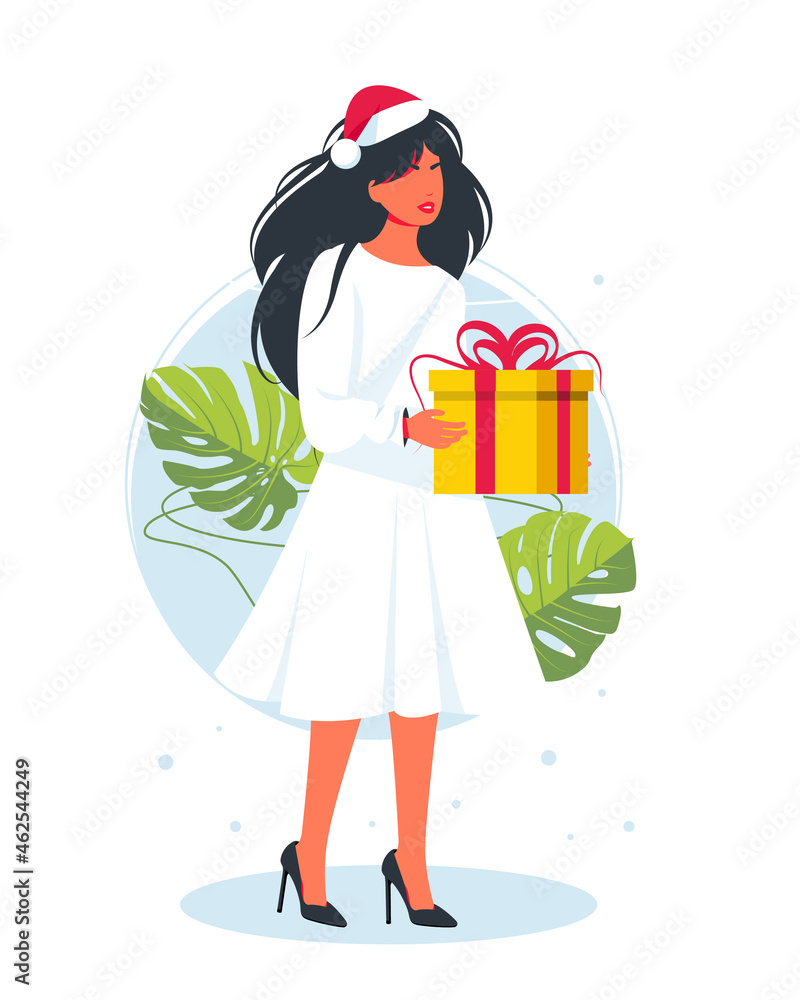 woman holding a large box with a ribbon bow wrapped gift in a Santa Claus hat. holiday concept, Christmas and New Year 2022. Happy people with gifts. vector illustration isolated on white background. woman holding a large box with a ribbon bow wrapped gift in a Santa Claus hat. holiday concept, Christmas and New Year 2022. Happy people with gifts. vector illustration isolated on white background.