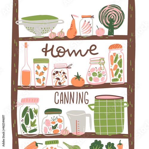 Home canning doodle illustration. Rack with food, kitchen equipment, jars, fruits and vegetables.