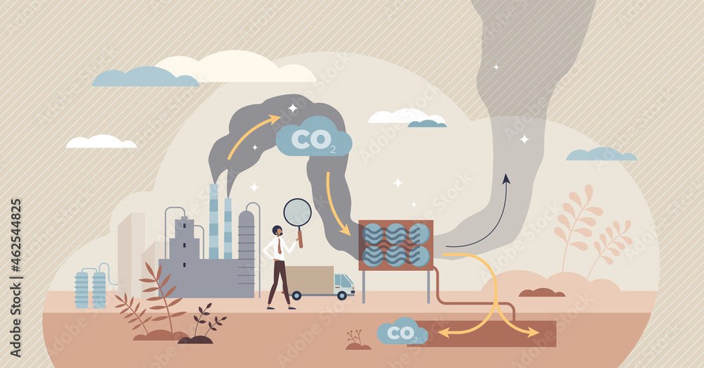 Carbon capture as CO2 reducing with emission utilization tiny person concept. Greenhouse gas pollution control with sequestration process vector illustration. Sustainable solution storage under ground - obrazy, fototapety, plakaty 